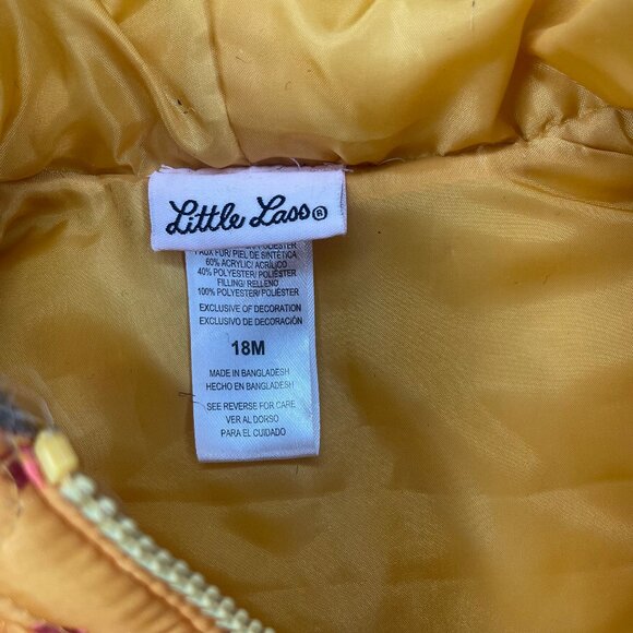 Little Lass Mustard Yellow Floral Quilted Puffer Vest with Faux Fur Hood - 18M - Picture 7 of 9